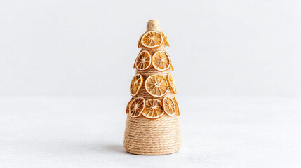 A rustic, twine-wrapped citrus topiary evoking sun-drenched Mediterranean solstice festivities and whimsical autumnal equinox crafts