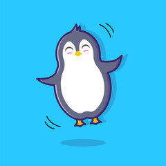 Penguin in Mid-Air: Delightful cartoon penguin leaps joyfully against a vibrant blue backdrop, capturing a moment of pure exuberance.