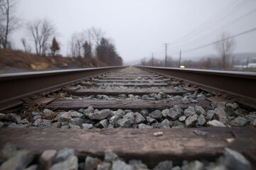 Rustic railway tracks stretch into foggy oblivion, evoking wanderlust and the quiet reflection of Groundhog Day journeys