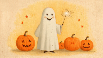 Whimsical ghost with sparklers amidst grinning pumpkins, evoking Samhain's playful spirits and All Hallows' Eve magic