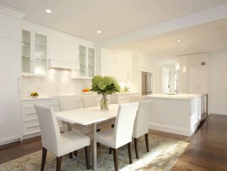 Fototapeta premium A bright, open-plan kitchen with a dining area.