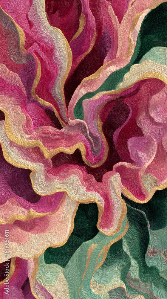 Poster abstract pink, green, and gold textured artwork featuring swirling, wave-like patterns, creating a d