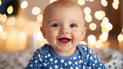 Peachy-cheeked baby in starlit pajamas joyfully celebrates Diwali's twinkling lights and universal Children's Day wonder