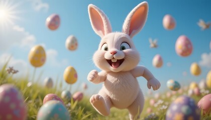 3D character of a happy easter bunny running with eggs swirling and flying around it, blue sky background