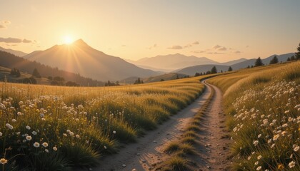 Obraz premium Mountain Landscape with Path and Field