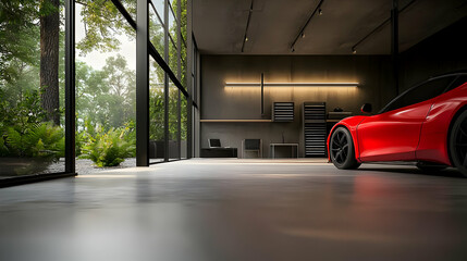 Modern Garage Interior With Red Sports Car