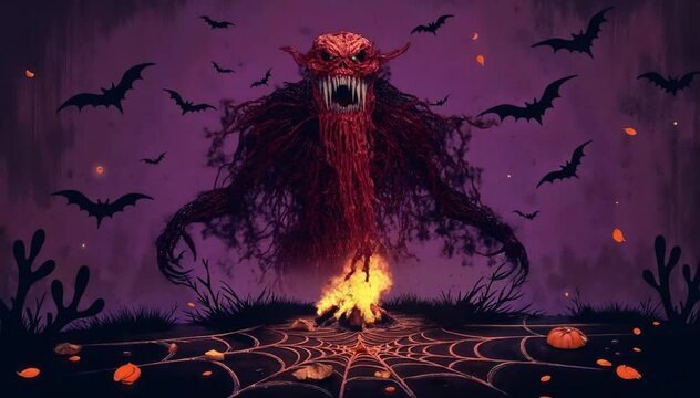 An exploding pumpkin turns into a grotesque creature against a backdrop of swirling dark swirls on Halloween