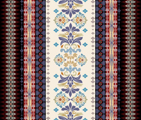 Ikat fabric pattern, abstract, ethnic, Ikat pattern, full pattern, black, red, cream color for textile, decoration, cloth, dress, curtain, pillow, carpet, illustration, vector.