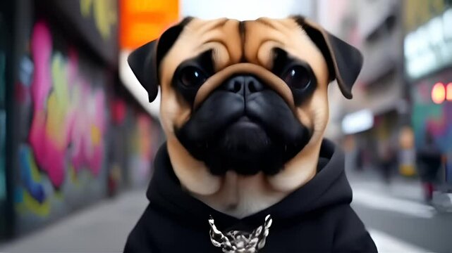  A light brown pug with a cute and tender smiling face and big, friendly eyes stands on a bustling city street. 