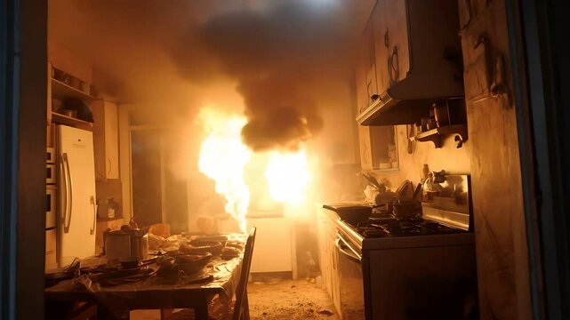 Fiery Kitchen Inferno: Intense Flames and Smoke Fill Room