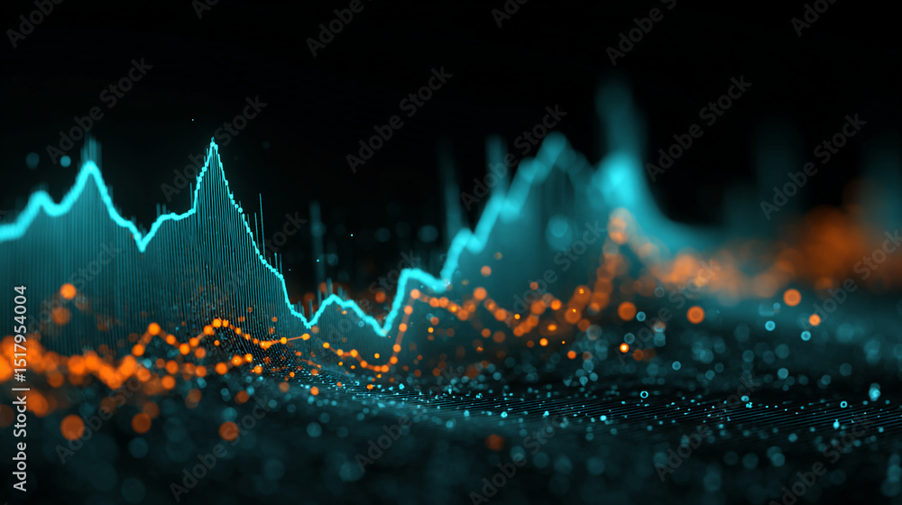 Poster abstract image of teal and orange data streams, forming dynamic waves. represents data visualization