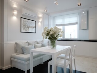 Fototapeta premium White modern dining area with light blue seating.
