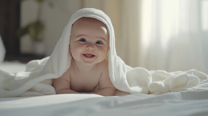 Joyful baby smiling under blanket at home cute portrait warm indoor setting playful concept