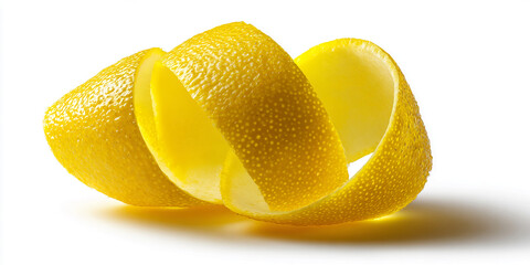 Spiral of yellow lemon peel, showing textured surface and bright color, showcasing freshness and zest, ideal for food or drink advertisement