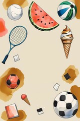 Colorful summer sports and treats illustration featuring balls, fruits, and ice cream in a playful layout