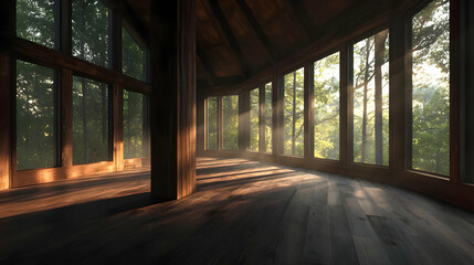 Fototapeta premium Sunlit Wooden Interior Hallway With Forest View