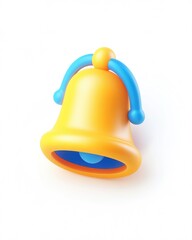 A cheerful, cartoonish yellow bell with light blue handles, rendered in 3D, sits on a white background, casting a subtle shadow