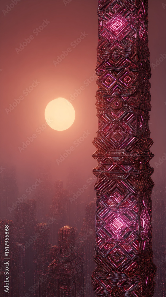 Poster intricate, crimson tower against a hazy sunset, showcasing geometric patterns and glowing details, s