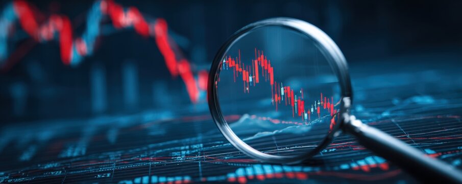 A magnifying glass focuses on a digital stock market chart with fluctuating red and blue lines, symbolizing financial analysis and data trends.