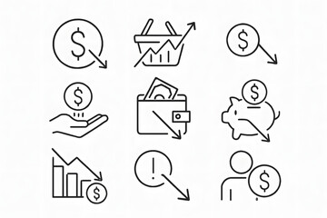 Decline in Finance: A set of financial icons representing decline, loss, and economic downturn, suitable for business, finance, and economic-related materials. 