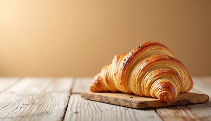 Golden croissant with empty space on a rustic wooden table, ideal for a breakfast menu or artisanal bakery branding