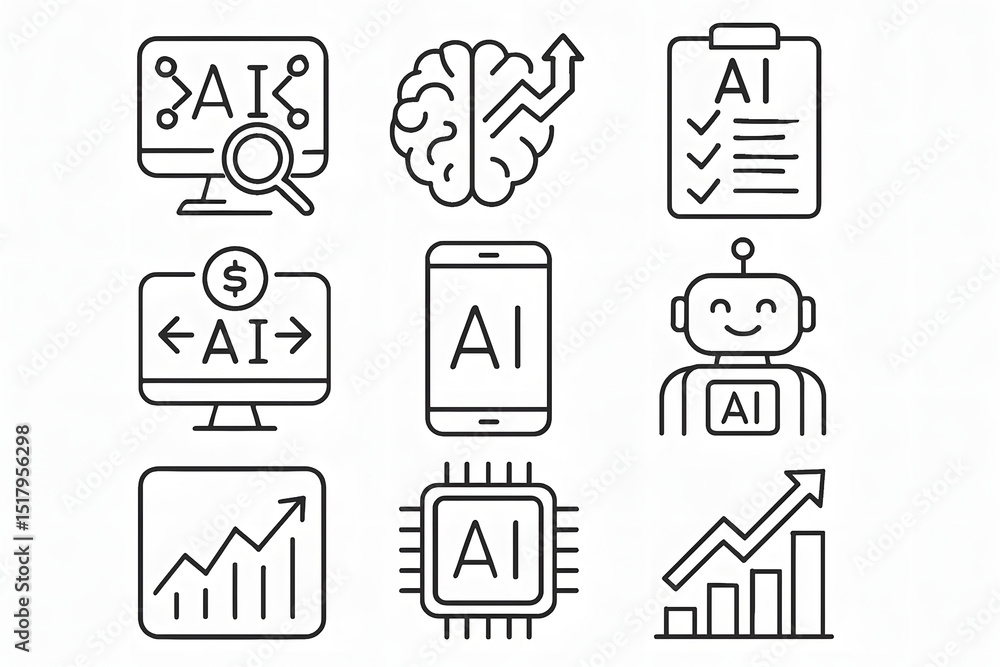 Poster ai icon set: a comprehensive collection of linear icons representing various aspects of artificial i