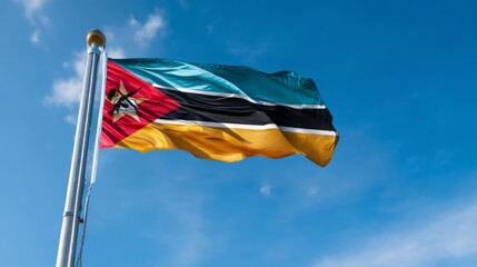Flag of Mozambique waving proudly on Independence Day under a clear blue sky