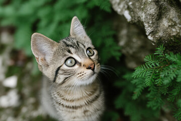 Wide-eyed tabby kitten gazes through woodland magic, echoing Celtic Cat Wednesday and International Feline Fest enchantment