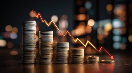 A declining red arrow crosses stacks of coins, symbolizing financial loss or economic downturn in a blurred city background.