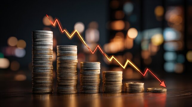 A declining red arrow crosses stacks of coins, symbolizing financial loss or economic downturn in a blurred city background.