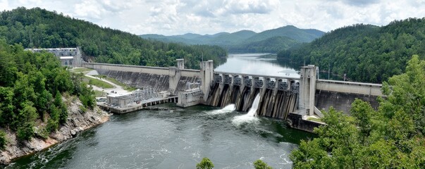 Large concrete dam with flowing water, surrounded by forested hills and mountains under a partly cloudy sky.