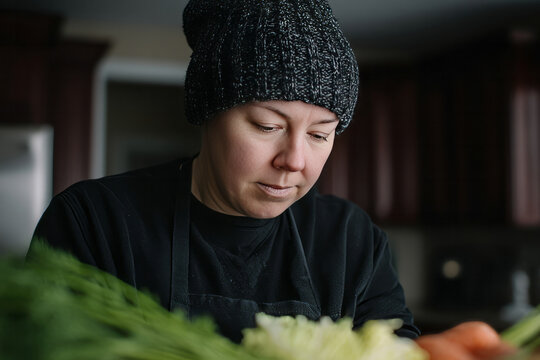 A pensive Caucasian woman chef, knitting thoughts amidst winter harvest, evokes Hygge warmth and National Crafting Month essence