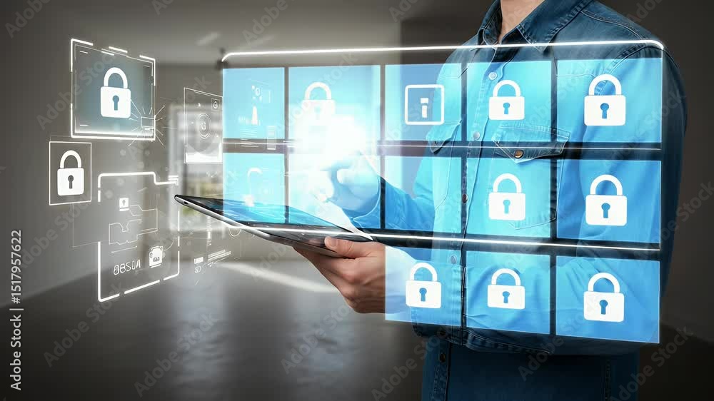 Aufkleber man interacting with a digital tablet displaying security and home automation interface