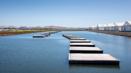 Fototapeta premium Floating docks snake across sunlit water, evoking tranquil epochs, serene isolation, perfect for Waterfront Day or World Oceans Day