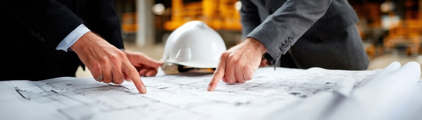 Two people in suits pointing at architectural blueprints with a safety helmet in the background.