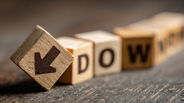 Wooden blocks spell "DOWN" with an arrow pointing downwards, symbolizing decrease or decline, on a rustic wooden surface.
