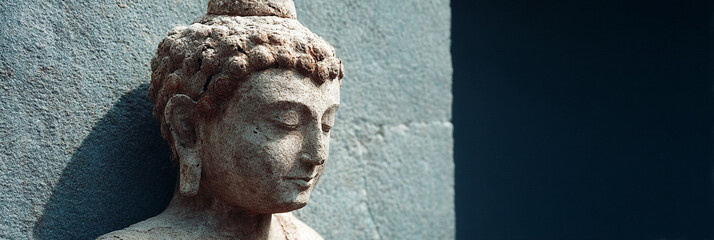 Silent stone serenity radiates from ancient Buddha statue, whispering tranquility, Vesak celebration, mindfulness meditation, Asian spiritual heritage tapestry