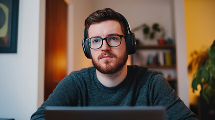 A contemplative Caucasian male with headphones immerses in digital meditation, echoing World Listening Days ambiance and unplugged mindfulness