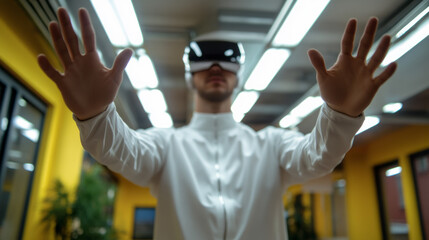 A Caucasian man in futuristic VR immersion, embodying tech utopia, celebrates Cyber Monday and virtual reality innovation