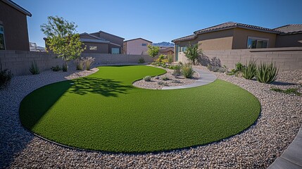 A landscaped backyard oasis with artificial turf.