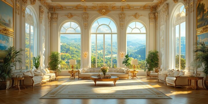 Opulent sitting room with classical architecture and scenic views, showcasing elegant interior design