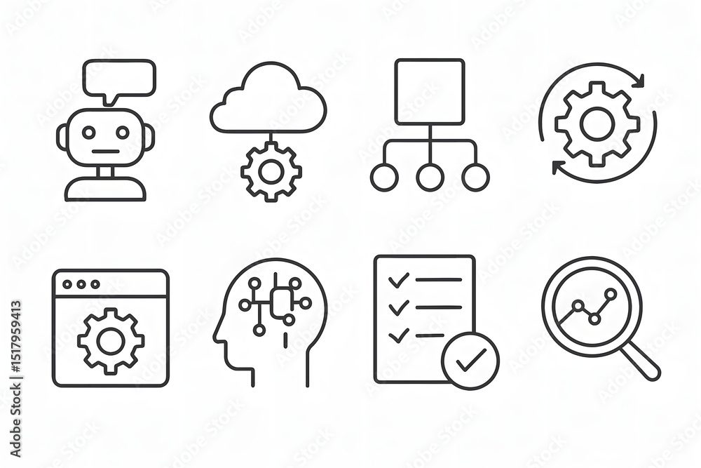 Poster artificial intelligence and automation icons: an array of clean, simple line icons depicting concept