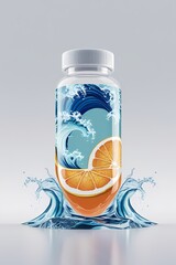 Creative design of a water bottle featuring orange slices and dynamic wave elements in a vibrant composition