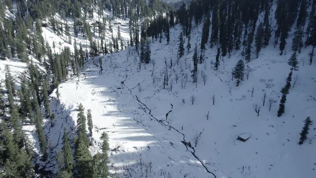 A landscape shot of snow-covered Himalayan mountain peaks during the winter season, as seen from Guldanda in Jammu and Kashmir, India.