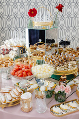 Catering service presenting delicious desserts and fruits on a table