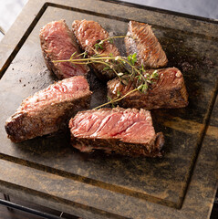 Close up of juicy grilled steaks