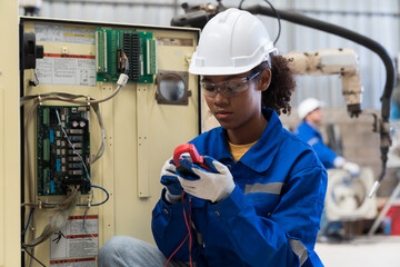 Electrician woman, Electric system on circuit board, Ampere meter. Female electrician worker...