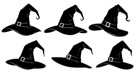 Six Black Witch Hats with Buckled Bands Halloween Costume Elements
