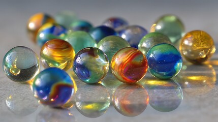 A captivating collection of multicolored glass marbles shimmering under diffused light create an enchanting scene.
