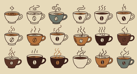 Collection of Stylized Coffee Cups with Coffee Beans and Steam